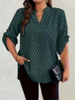 Plus Size 1XL-5XL Women Fashion Roll Up Shirts Ladies Casual Notched Neck Tunic Boho Blouse  Long Sleeve BlouseShirt Top - Image 2
