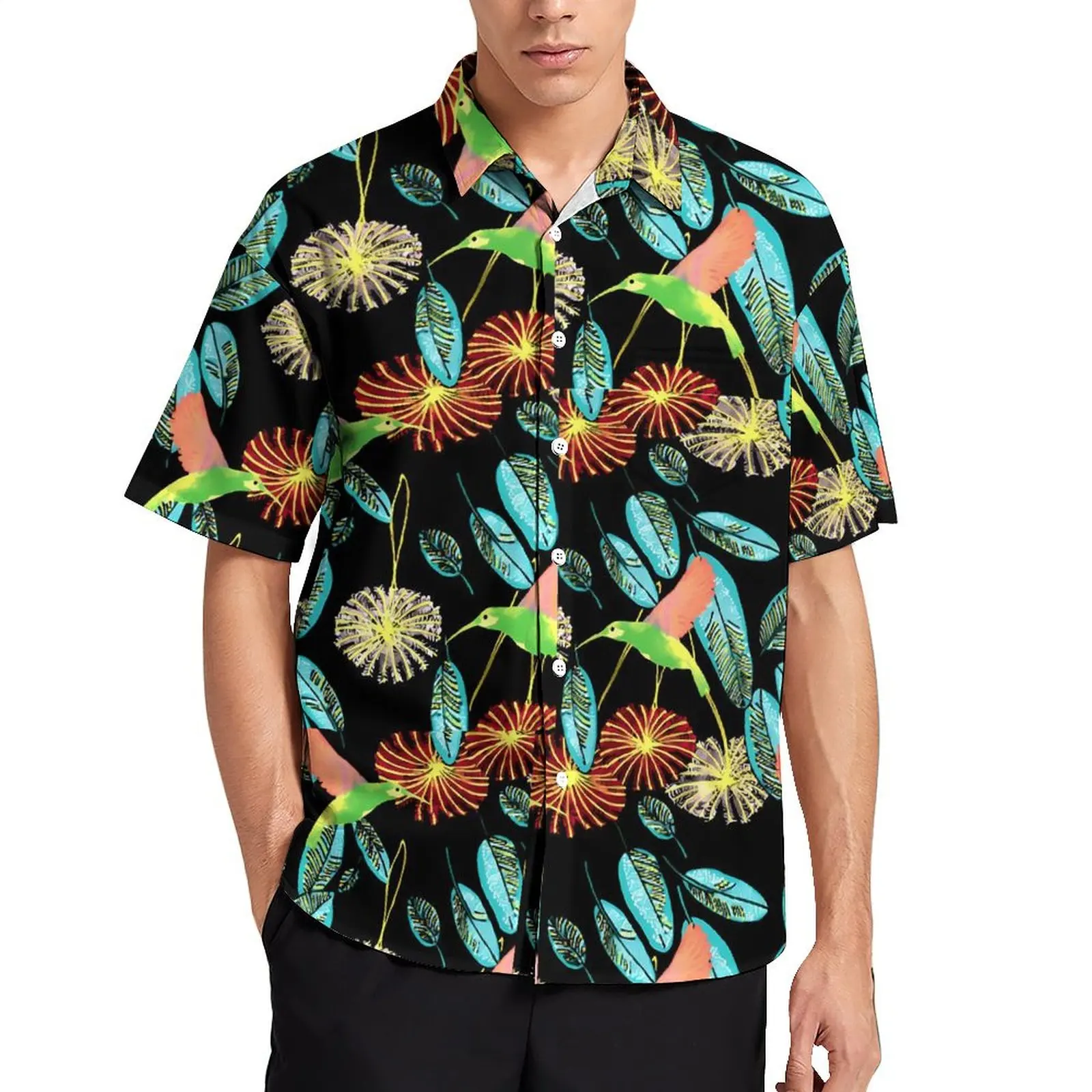 

Hawaiian Shirt Vacation Tropical Birds Flower Blouses Green Leaves Elegant Casual Shirts Men Short Sleeve Fashion Oversized Tops