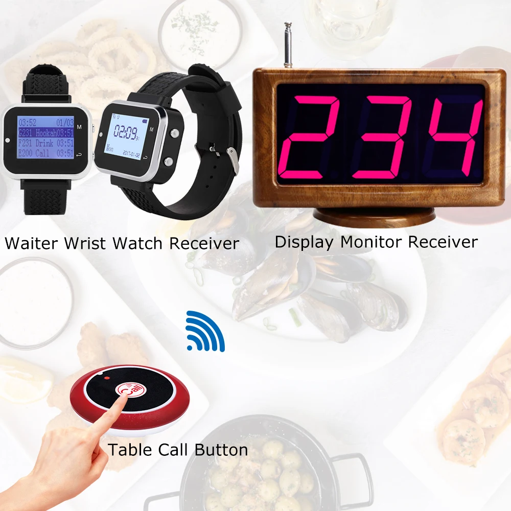 JINGLE BELLS 4 Waiter Wrist Watch 40 Hookah Table Bell Buttons 1 Receiver Wireless Calling Systems Restaurant Hotel Pager