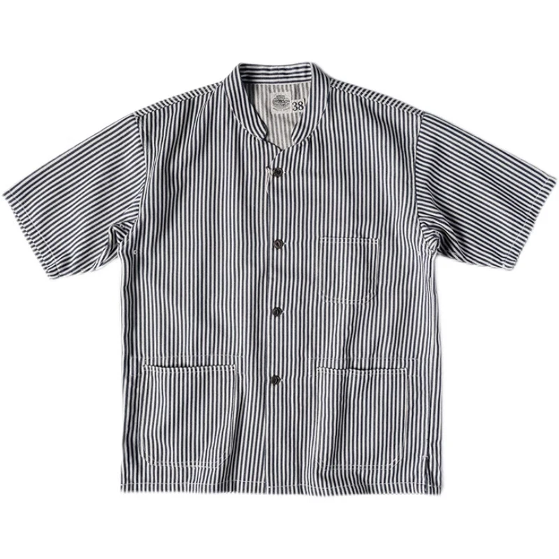 Bronson 1940s Collarless Short-Sleeve Shirt Prisoner Of War Stripes Work Shirt 5