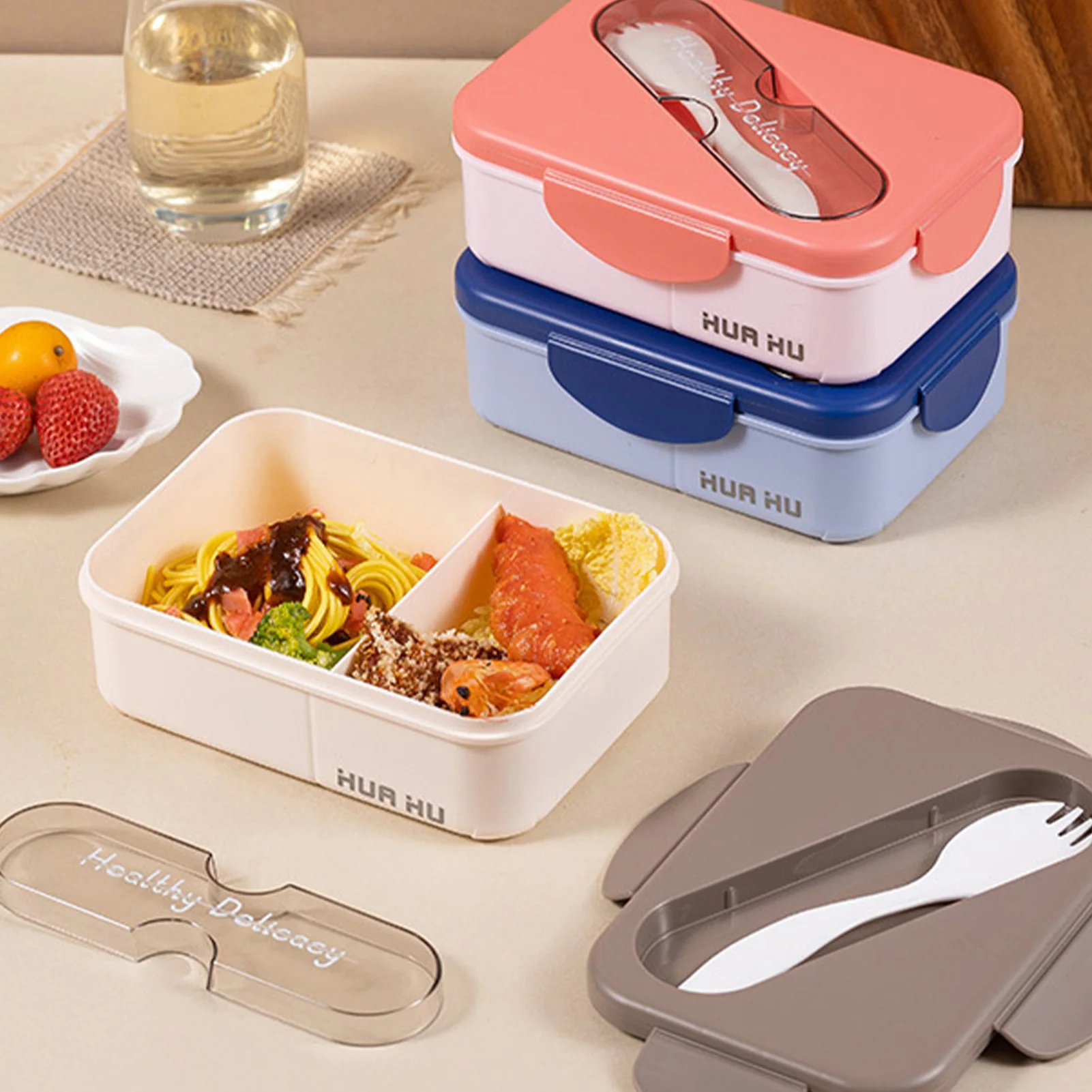 Student Lunch Box With Fork Plastic Snap On Lunch Box For School Company Picnic Use Microwave Heatable Bento Box Kitchenwares - 3
