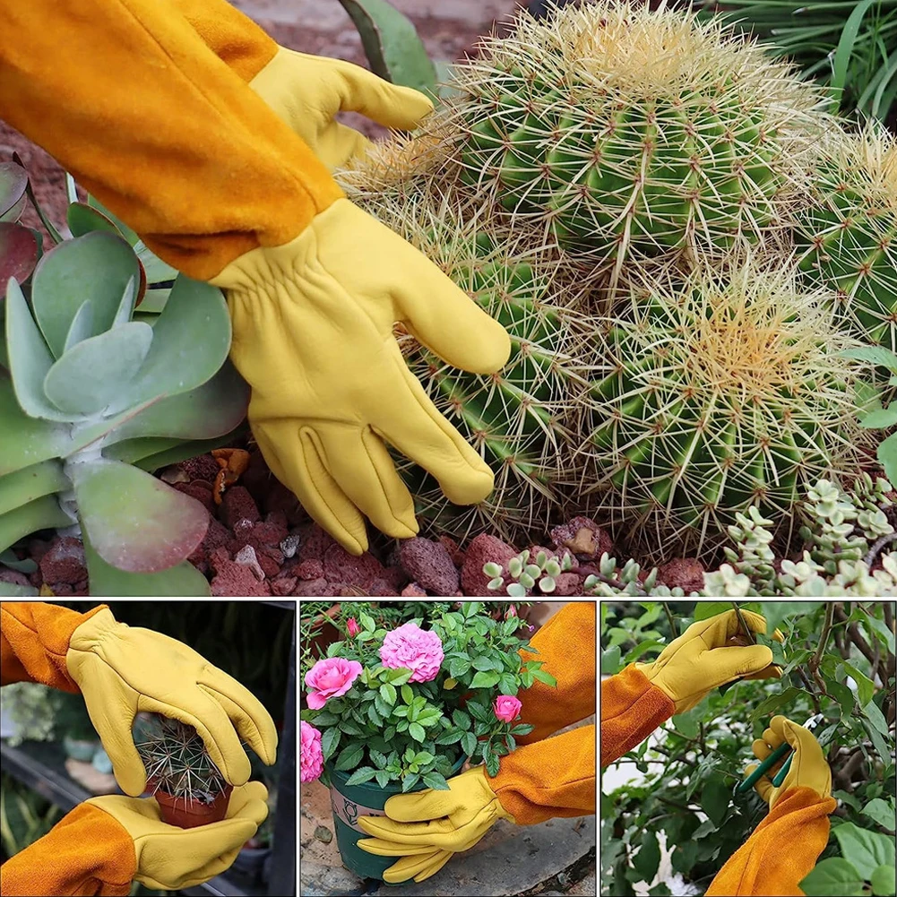 1 Pair Long Thorn Proof Rose Pruning Gloves Breathable Leather Floral Gauntlet Labor Protection Long Elbow Gloves for Women Men 4