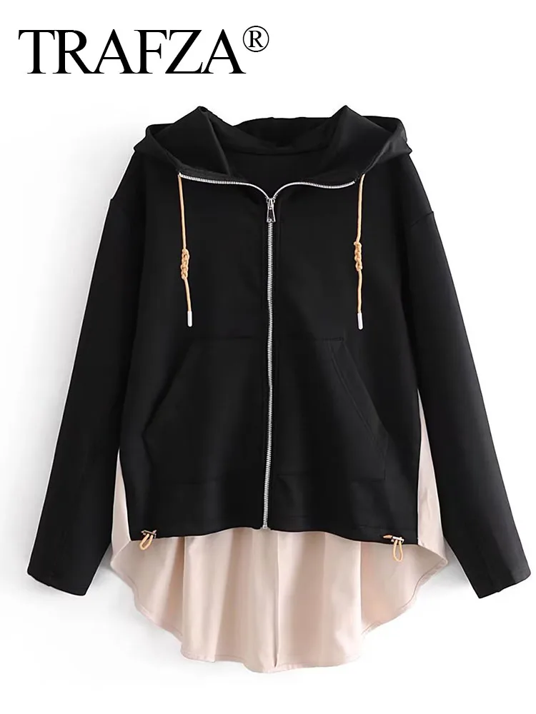 

TRAF ZA 2023 New Fashion Autumn Casual Spliced Long Style Loose Hooded Sweatshirts Long Sleeve Zipper Women Pullovers Chic Tops