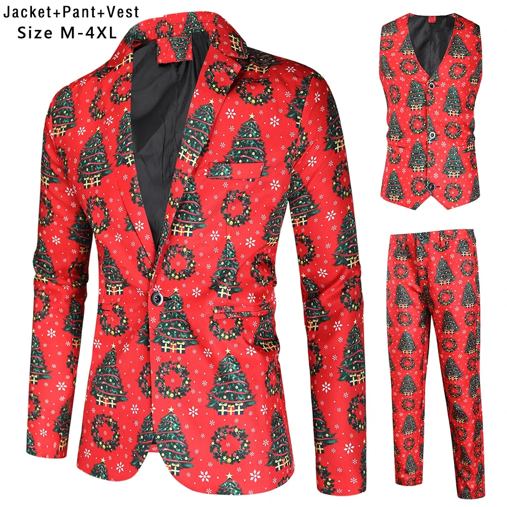 Plus Size 4XL Christmas Men 3 Piece Suits Fashion Sunglasses Santa Claus Printing Mens Sets Blazers Jacket and Trousers and Vest