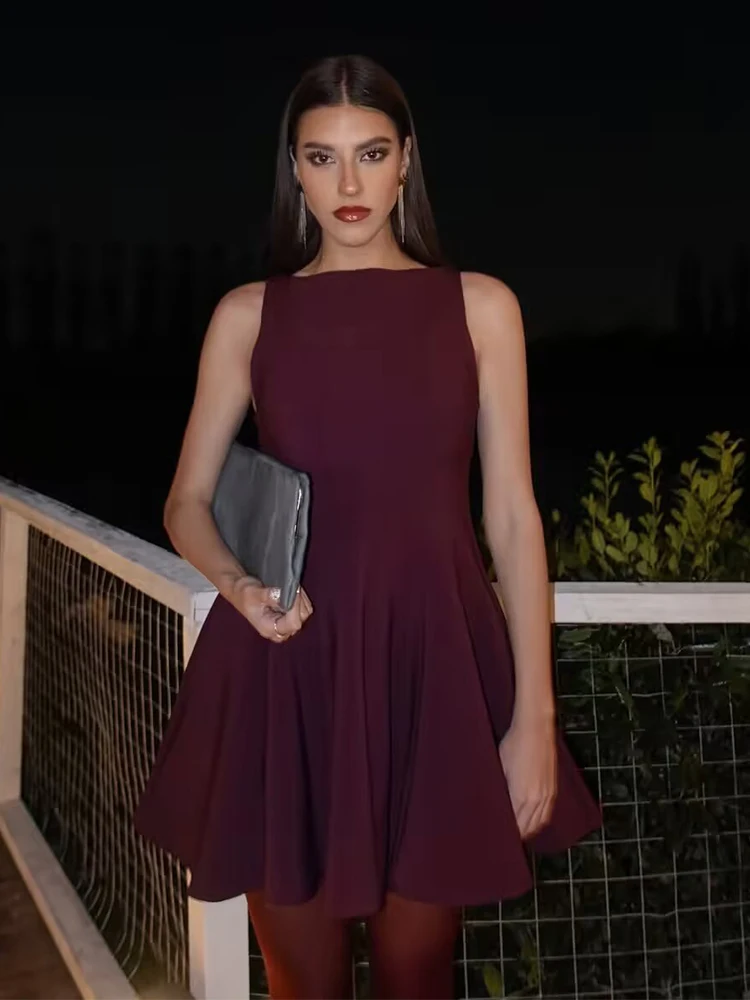 TFMLN 2025 Spring Summer Fashion Women Pleated Dresses Elegant Chic O-neck Sleeveless  Party Dress Sweet Back Zipper Folds Dress