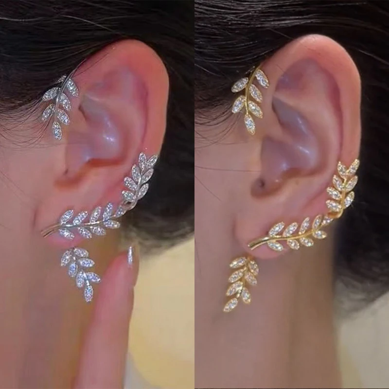 

Exquisite Sparkling NO Piercing Zircon Leaves Ear Cuff Stud Earring For Women Gold Silver Cubic Zirconia Earrings Party Jewelry