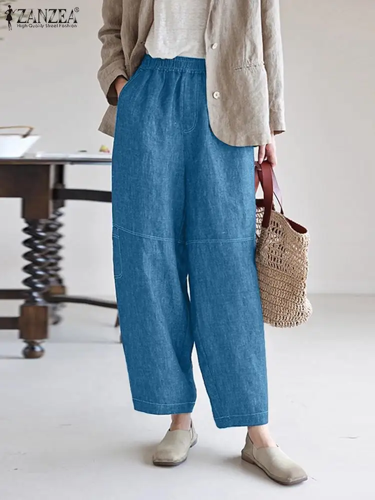 

ZANZEA Women Harem Trousers 2023 Autumn Denim Long Pants Elegant Elastic Waist Pantalones Casual Loose Solid Pockets Bottoms