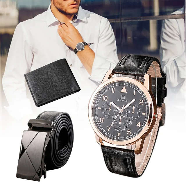 Men s Watch+Wallet+Belt Set Male s Gift for Father s Day Birthday Gift 3pcs/set Casual Quartz Watch PU Strap Good-looking SAL99