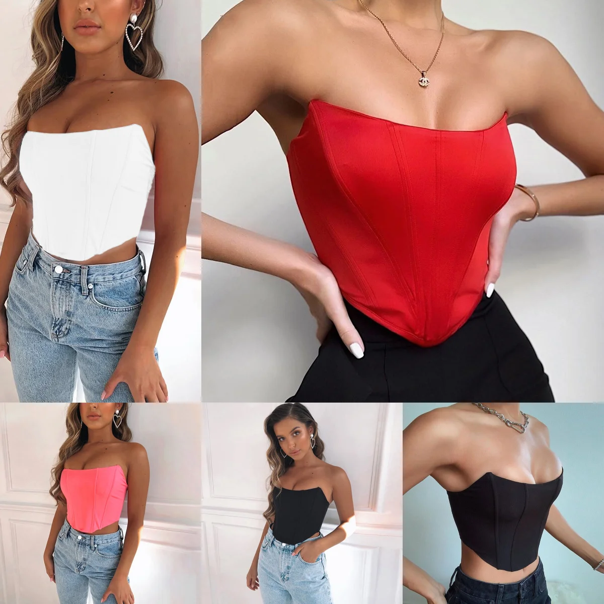 Women's Fashion Solid Slim Backless Tanks Top Short Breast Wrap Vest Corset  Tops For Women ,Red,S