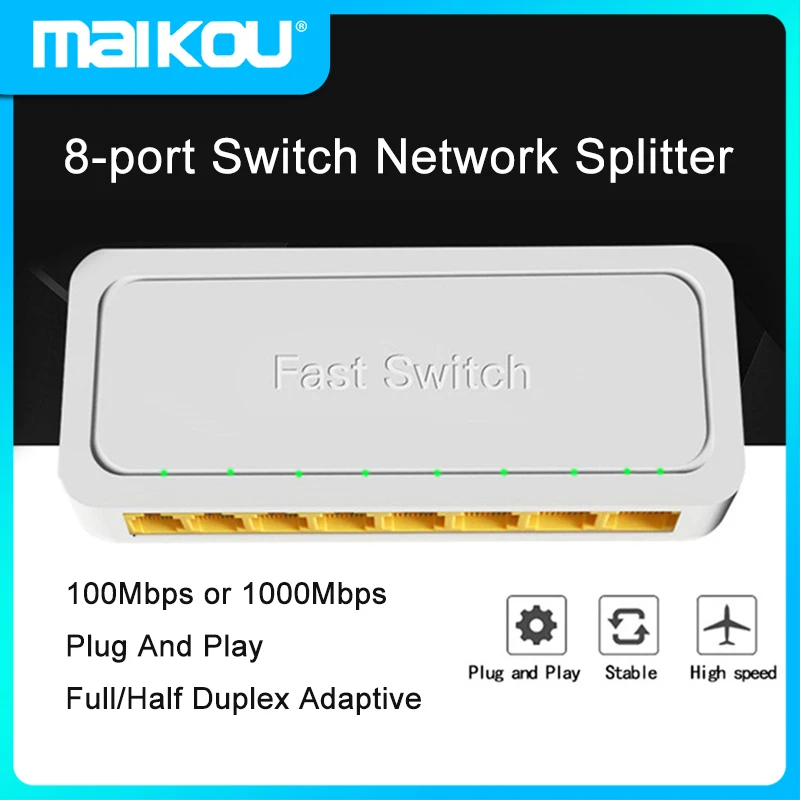 

8-портовый 100 м/1000 м переключатель Plug and Play сетевой сплиттер портативный полный/полудуплексный адаптивный