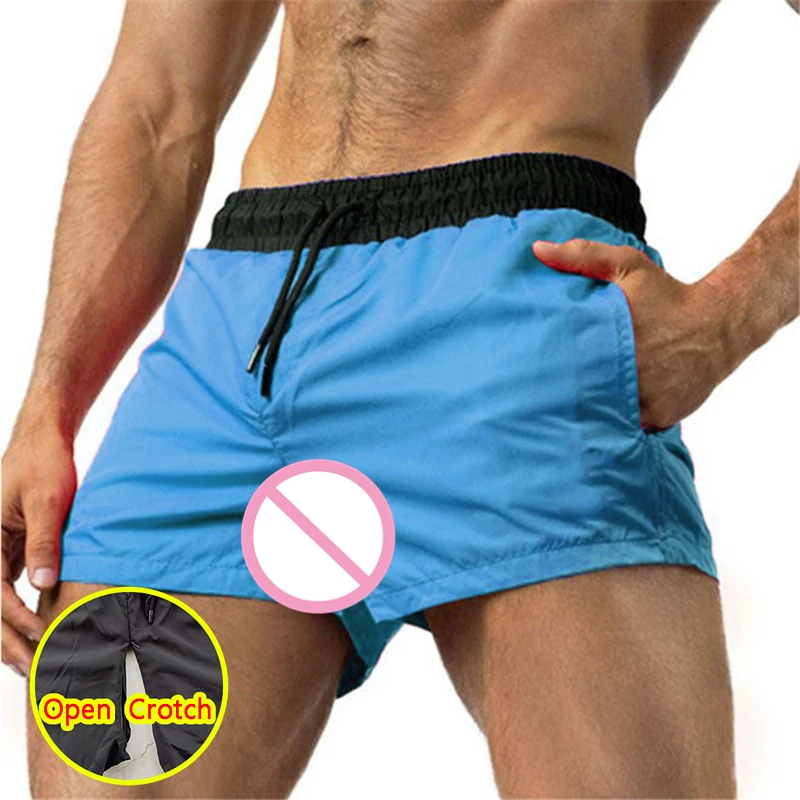 Man Open Crotch Shorts Fitness Outdoor Sex Panties Erotic Double Zippers Running Quick-Dry Gyms Bodybuild Joggers Gay Sweatpant
