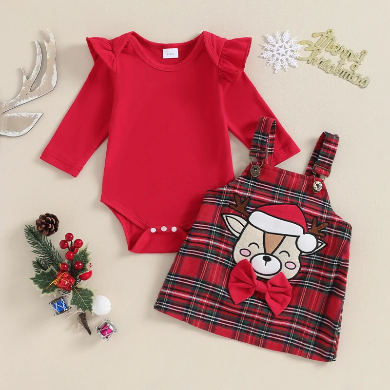 

Рождественские наряды для маленьких девочек, однотонные комбинезоны с длинным рукавом, юбка с блестками и оленями, комплект одежды из 2 предметов