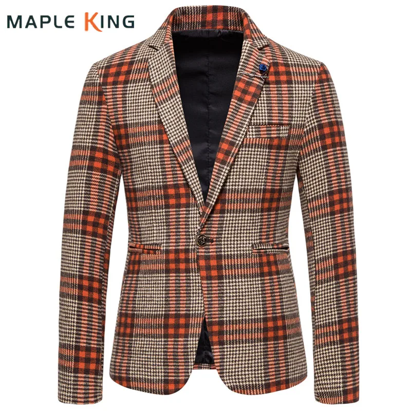 

Orange Blazer Casacas Para Hombre Elegante Suits For Men Classic Plaid Ternos Masculino Luxo Mens Formal Business Classic Jacket