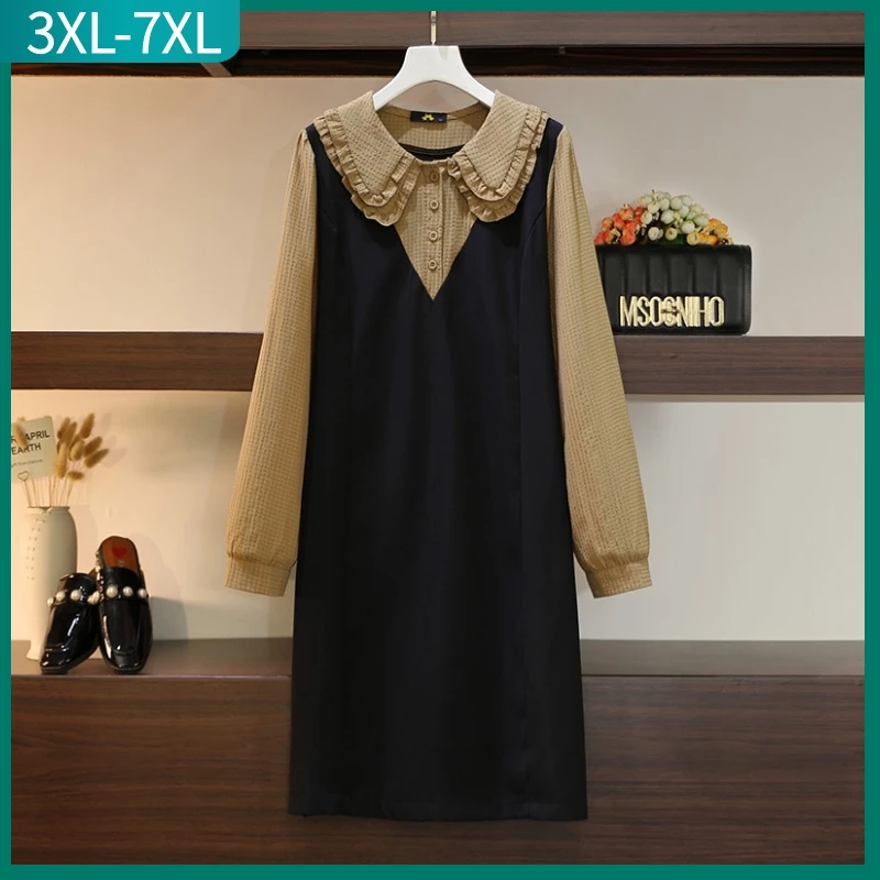 

New 2023 Spring Autumn Plus Size French Style Dress For Women Large Size Loose Long Sleeve Black Midi Dress 3XL 4XL 5XL 6XL 7XL