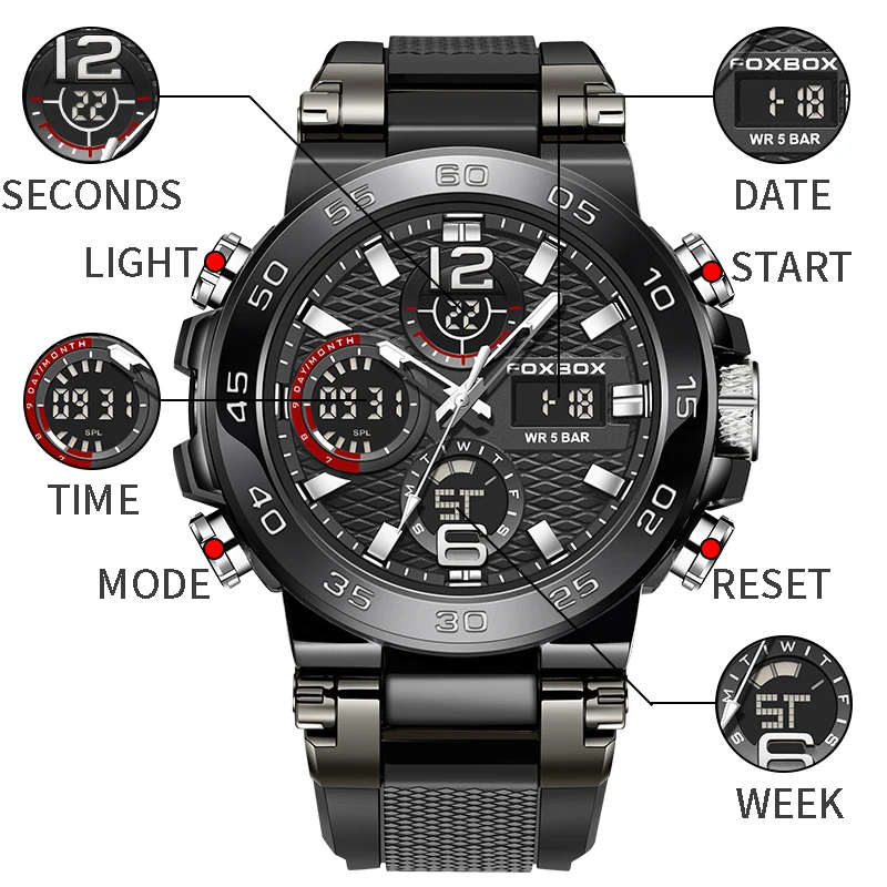 Top Brand FOXBOX Luxury Watches For Men Fashion Digital Wristwatch Military Sport Quartz Man Watch Silica Band Waterproof Clock