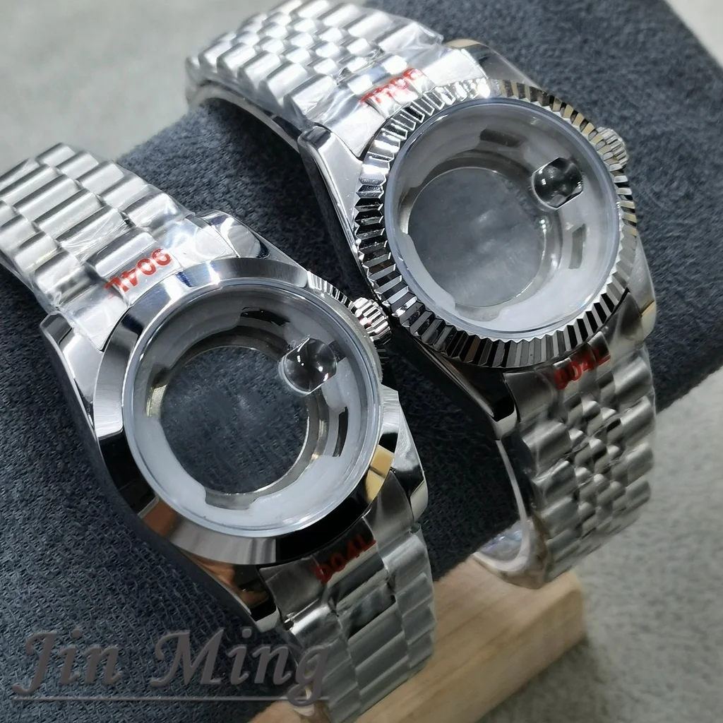Silver Stainless Steel Watch Case with Polished Fluted Bezel and Sapphire Glass