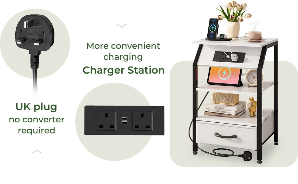 Nightstands have Charger Station and UK Plug