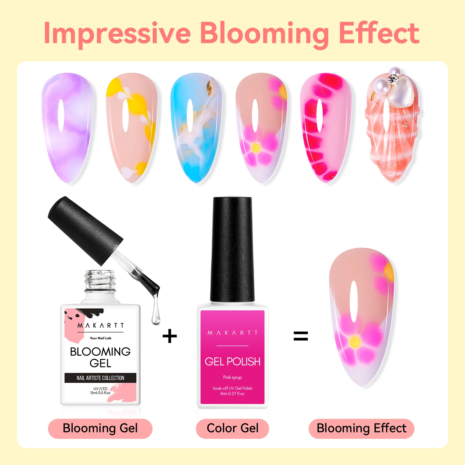 Gel per fioritura delle unghie -Makartt Soak off UV LED Smalto per unghie in gel fiorito trasparente per scalmare l'effetto marmo Smalto gel per acquerello 15 ml - immagine 3