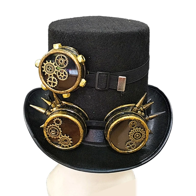 

Vintage Adult Man Women Steampunk Flat Top Hat with Goggles Halloween Costume