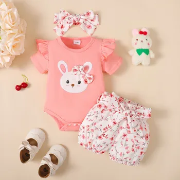 3PCS Baby Girl Clothes Outfits for 0-18 Months Ruffled Sleeve Lovely Rabbit Bodysuit+Flower Shorts+Headband Summer Casual Wear 1