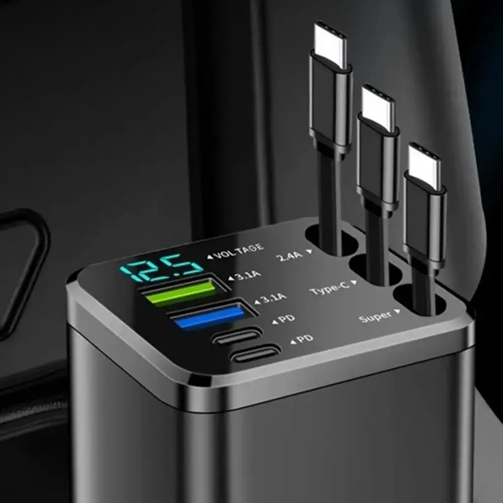 Caricabatterie Auto Retrattile 7-in-1 con Ricarica Rapida, Display Digitale, 2 Porte USB, 2 Porte Type-C, 3 Cavi e Alimentatore - immagine 2