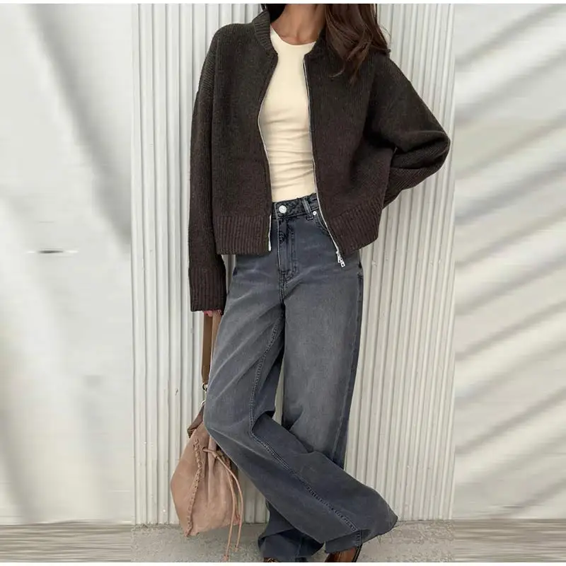 Vintage Knit Zipper Cardigan For Women Solid Loose O Neck Long Sleeve Sweater Top Female Fall Winter All-matching Knitwear