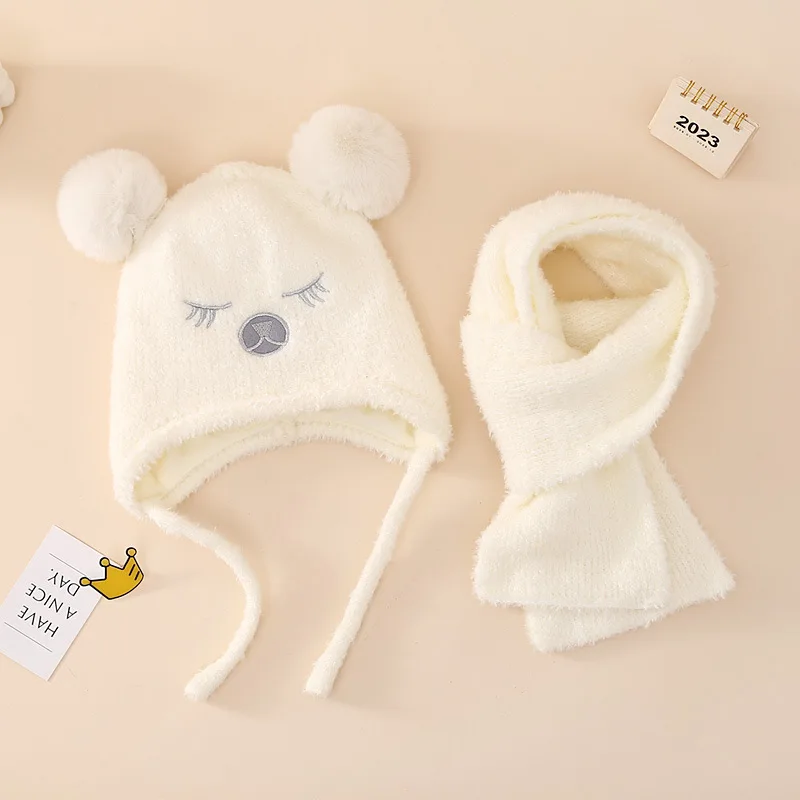 

New Kids Hat Scarf Set Warm Winter Cartoon Bear Knitted Beanie Neckerchief Double Ball Children Girls Boys with Plush Hat