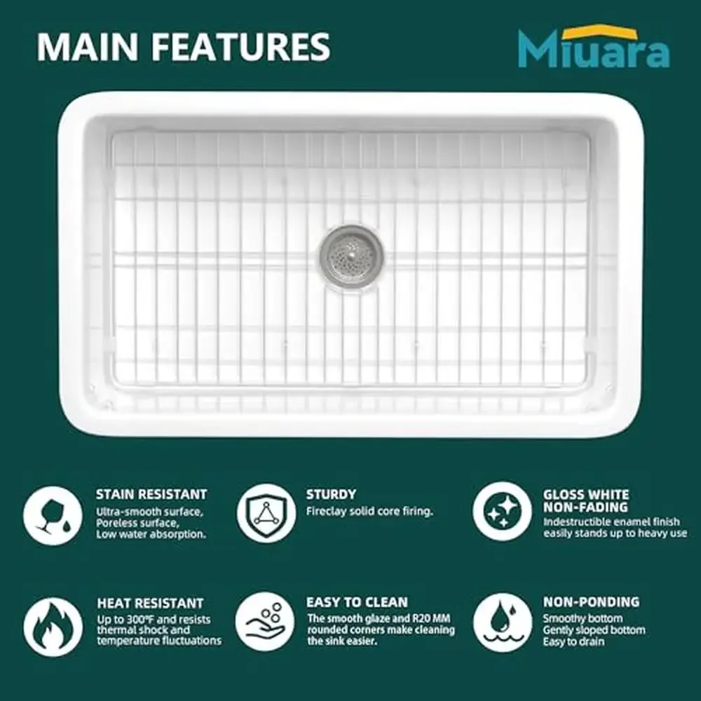 Large White Fireclay Kitchen Sink 32 Inch Drop In Single Bowl Topmount Dual Mount 32"x19"x10" Kit Includes Stainless Steel Grid 2