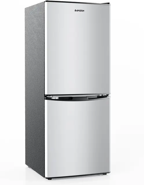 Small Fridge with Bottom Freezer, for Apartment, Bedroom, Dorm, and Office, Double Door, Stainless Steel, Silver 1