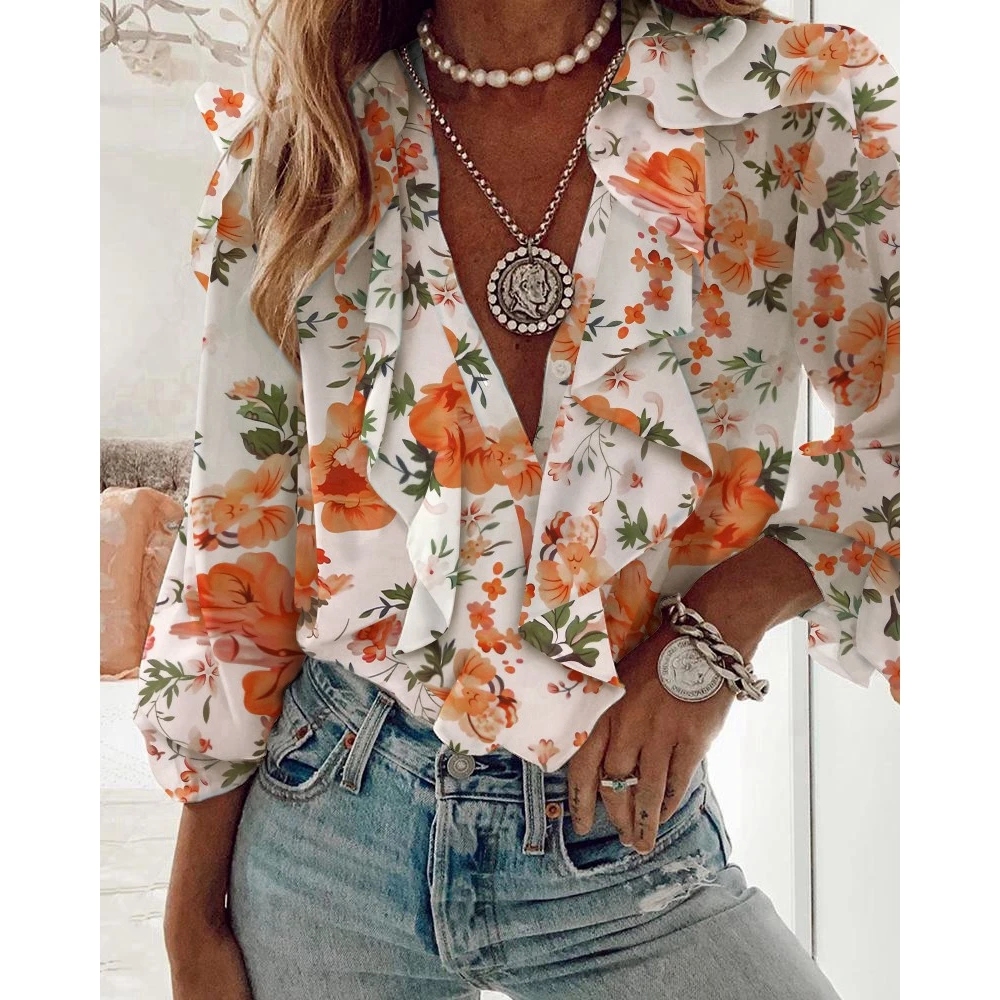 

Women Floral Print Ruffle V-Neck Buttoned Blouse Top Summer Casual Top Long Sleeve T-Shirts Woman Clothes New Autumn Fashion