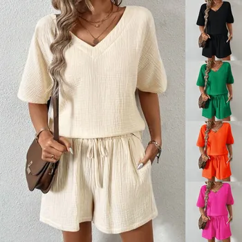 Women's Vacation Fashion Casual Suit Solid Color Summer Shorts And Shirt Top Two Piece Sets Lapel Shirt Sexy Slim Swimming Tech 1