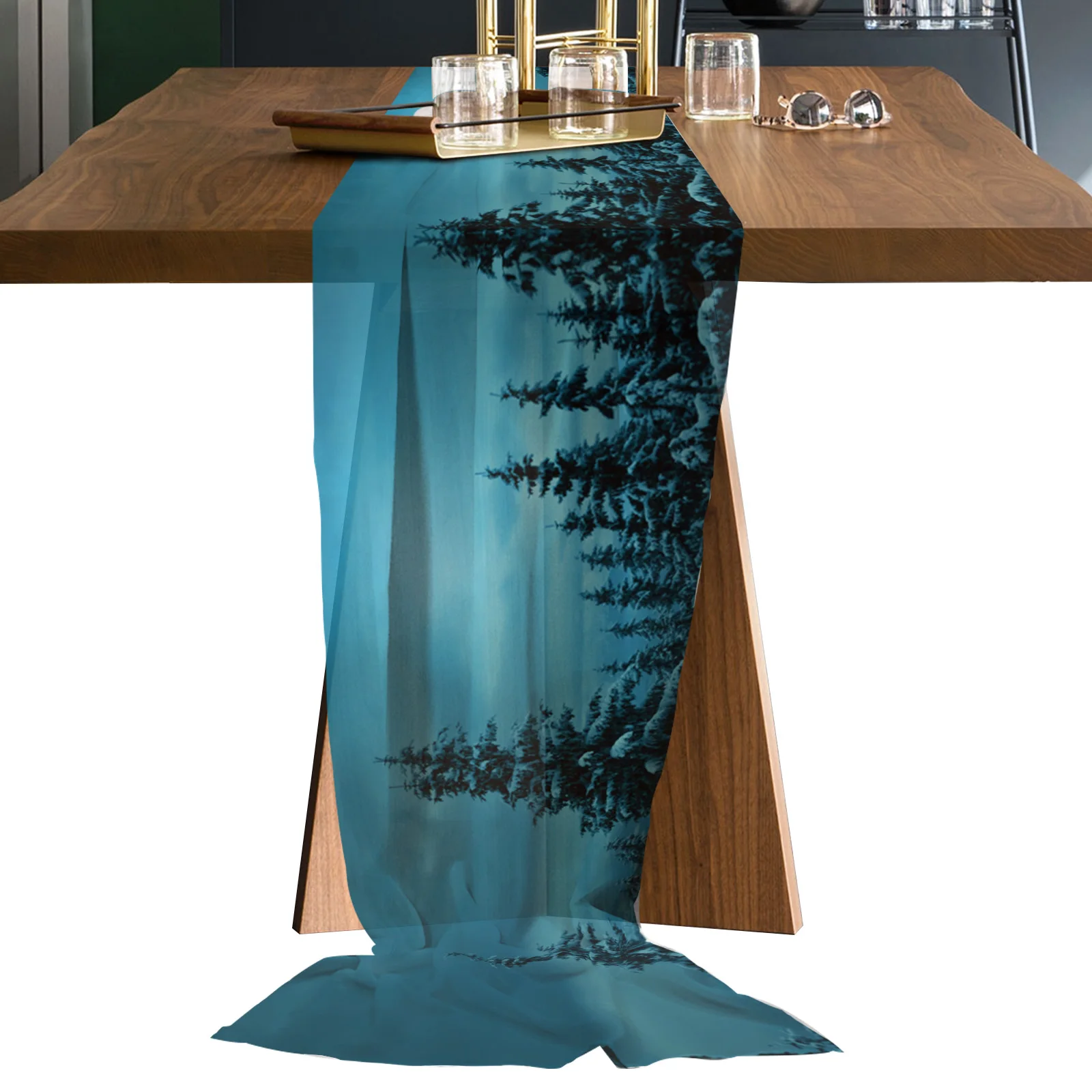 Snow Scene Woods Moon Chiffon Table Runner Wedding Decoration Birthday Table Runner Tablecloth Home Decoration