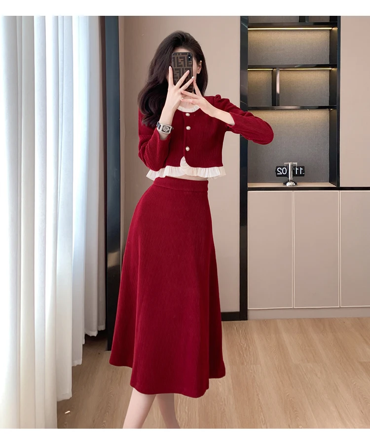 Autumn Winter Corduroy Two-piece Skirt Set Women Long Sleeve Ruffles O-neck Top Solid Midi Skirt Korean Fashion Outfits New