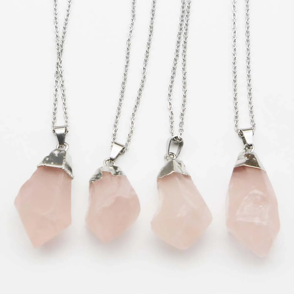 Natural Stone Irregular Rose Quartz Silver Plated Pendant Stainless Steel Chain Necklace Charm DIY Jewelry Accessories Gift 8Pcs