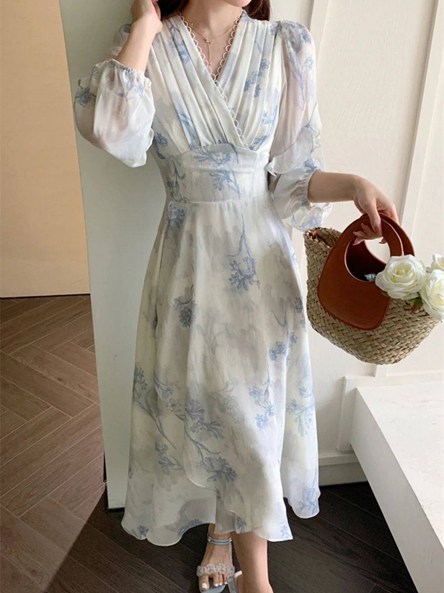 

Midi Print Dress Women 2023 Summer New Fashion Korean Elegant Vintage Floral Vestido Party Clothes Female Casual Slim Dresses