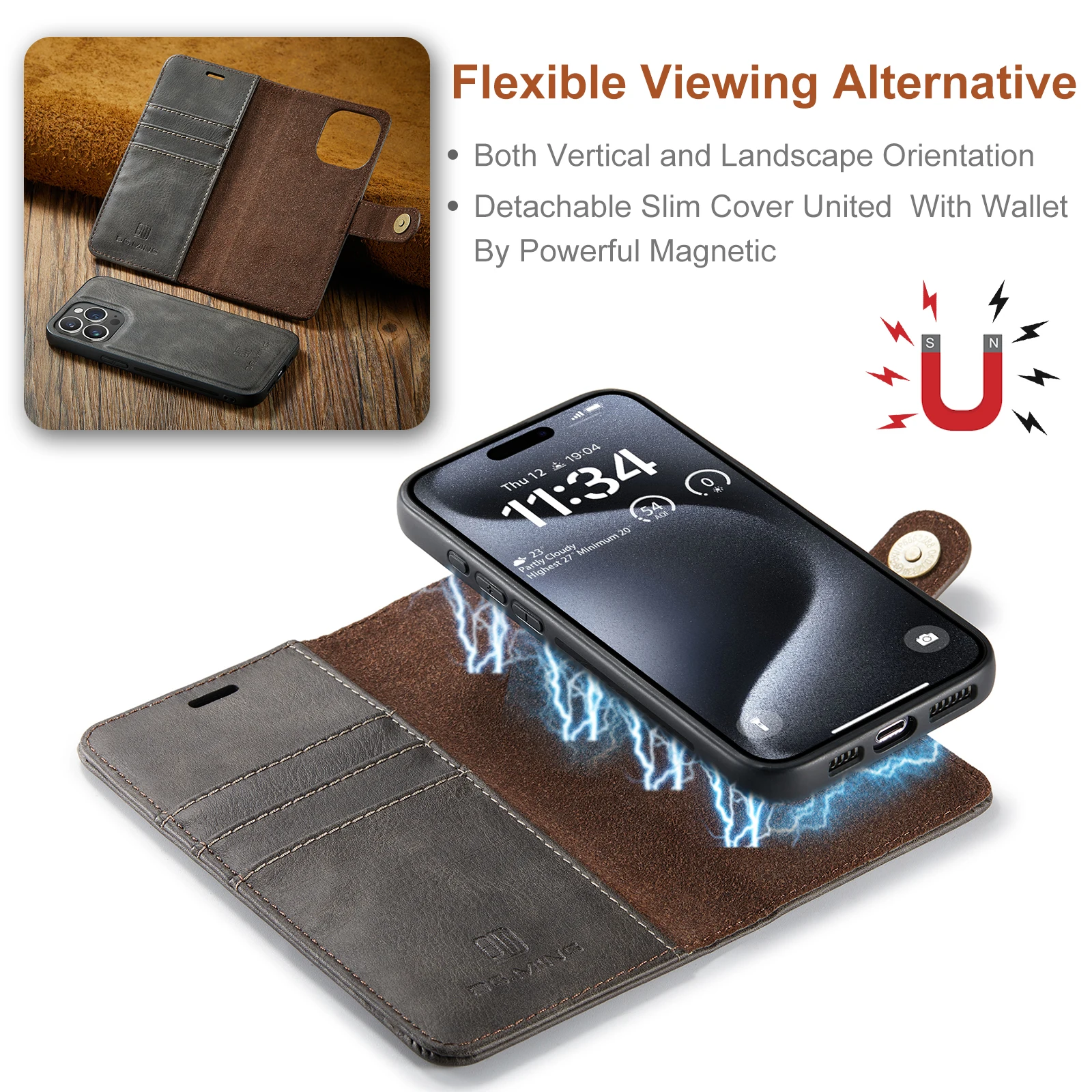 DG.Ming Luxury 2-Folding Detachable Magnetic Leather Wallet Case For iPhone 15 14 13 12 11 Pro Max Flip Cover for XS MAX 7 8 SE2