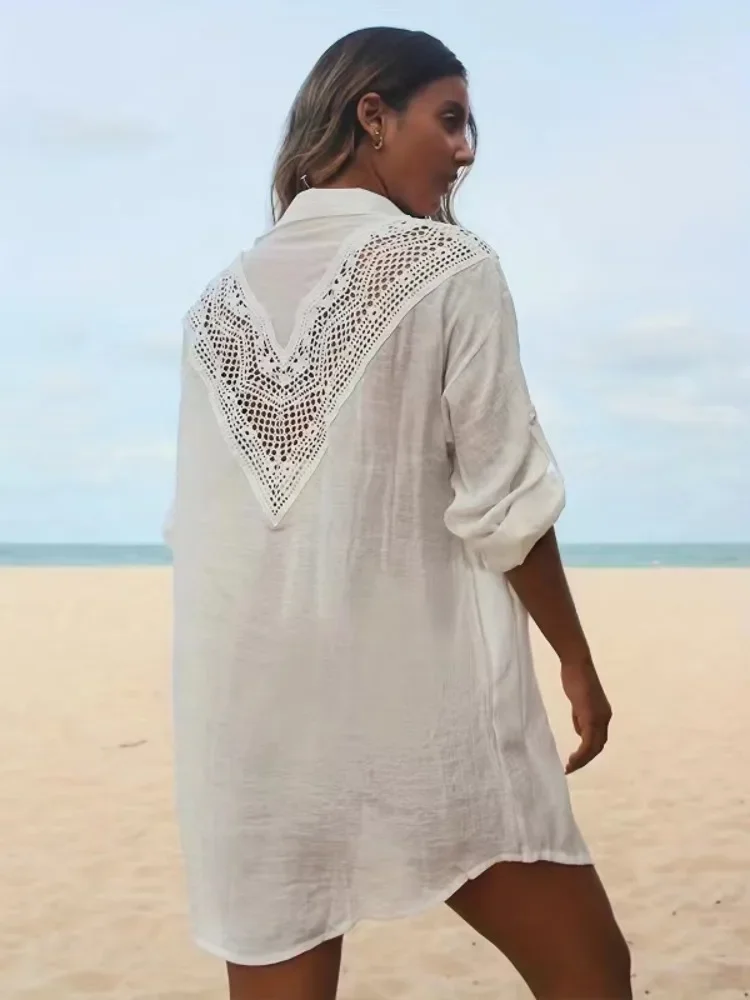 White Beach Cover Ups for Siwmwear Women Flower Lace Shirts Tunic Long Sleeve Summer Holiday Bathing Suits Hot Sales 2