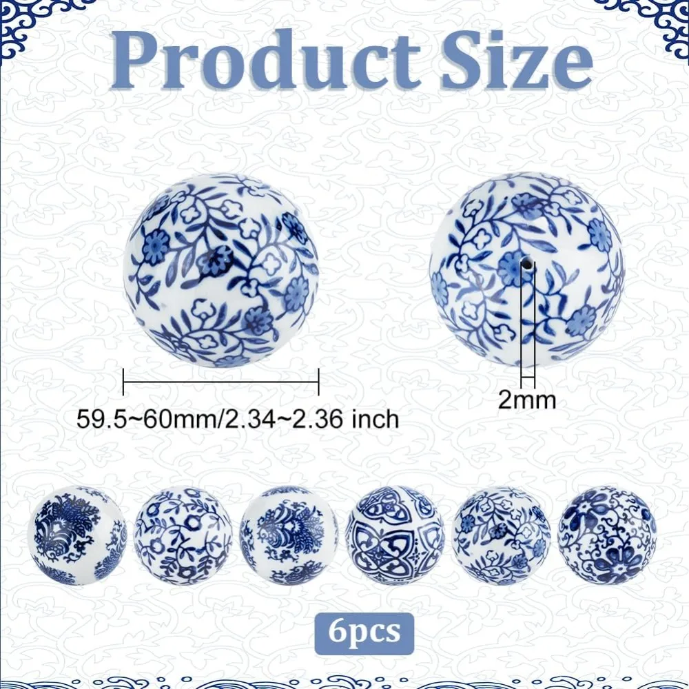 Blue and White Porcelain Balls 6Pcs Handmade Porcelain Beads 2.4 Inch Decorative Ball 2mm Hole Floating Ceramic Orbs