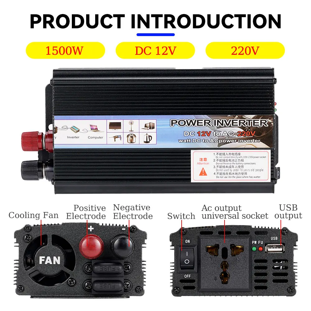 

Black 1000W Inverter DC 12V To AC 220V Voltage Convertor Transformer Solar Sine Wave Car USB Power Inverter