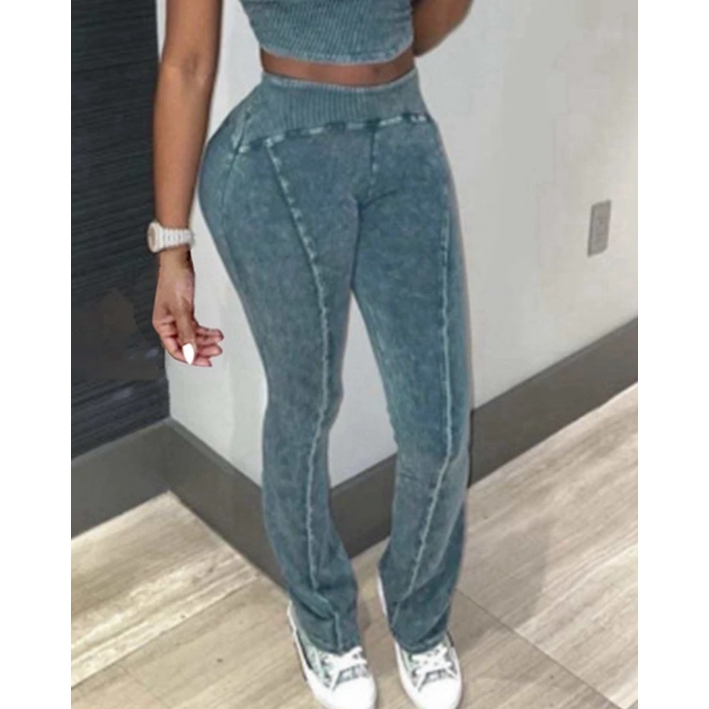 Autumn Women Corduroy Ribbed Sleeveless Round Neck Top & High Waist Skinny Pants Set Casual Slim Two Pieces Sets Outfits Y2k