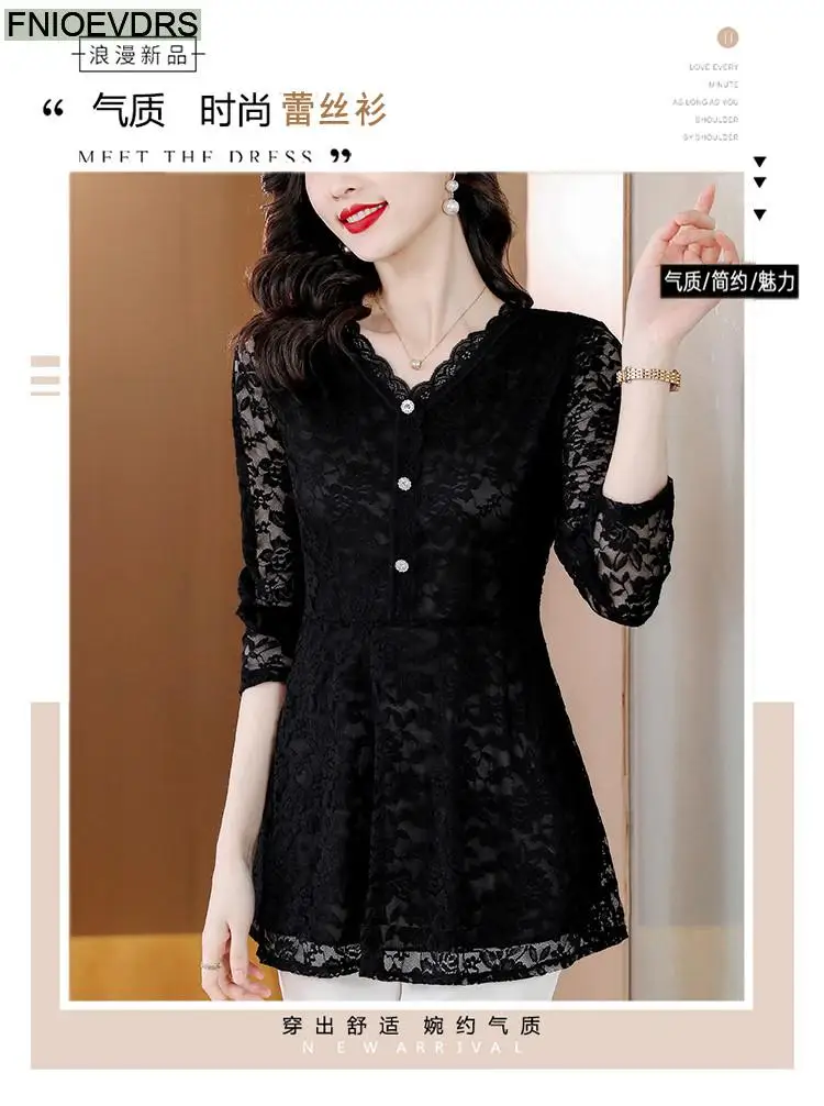 M-4XL 2023 Women Hot Sales Elegant Office Lady Work Button Black Lace Shirt Casual Belly A Line Tunic Peplum Tops And Blouses