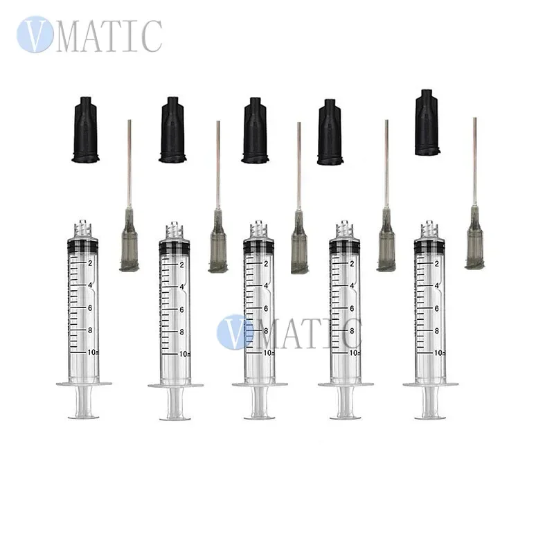 Non Sterilized 5 Pcs Dispensing Plastic Manual Luer Lock Syringes 10Ml/Cc With Needle Tips 1 Inch & Caps/Stopper
