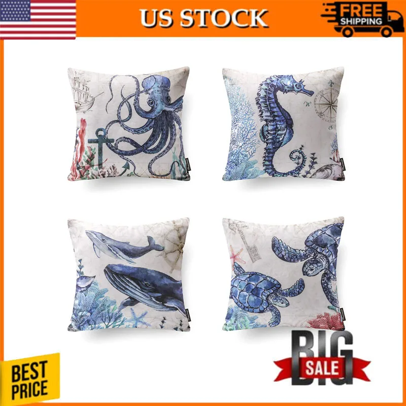 

Outdoor Pillow Covers Ocean Series Decorative Throw Pillow, 18" x 18", Blue Marine Animals, 4 Pack Outdoor Pillows