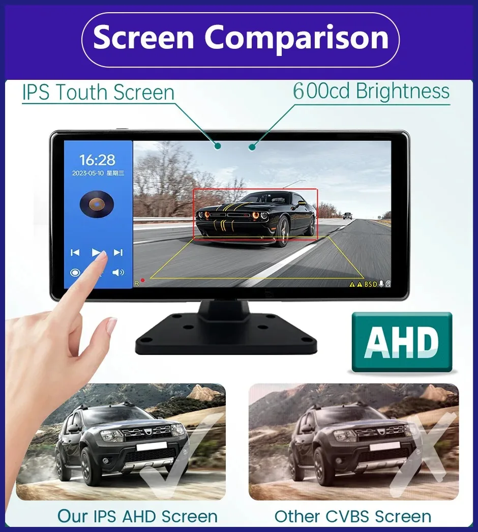 녹음기 모니터 터치 분할 스크린 트럭 버스 DVR 블랙 박스, AHD 1080P 리버스 IR 나이트 비전 백업 카메라용, 10.36 인치 4 채널