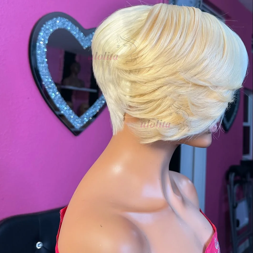 Straight Short Pixie Cut Wig with Bangs Shaved Sides And Sideburns Full Lace Wig Remy Brazilian Hair For Men Honey Blonde 613