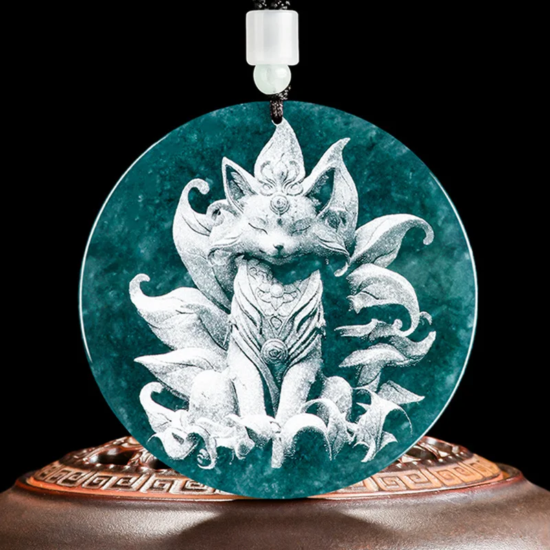 

Mai Chuang/ Natural Jade Blue Water Shadow Carved Nine-tailed Spirit Fox Necklace Pendant Fine Jewelry Accessories Couple Gift