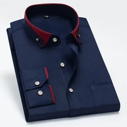 Elegant Men's Long Sleeve Dress Shirt with Contrast Collar and Anti-Wrinkle Finish - 38 Size 160CM 50KG (Navy Blue)