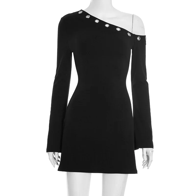 Solid Slant Neck Off Shoulder Flared Long-Sleeved Women's Dress with Openwork Circular Design for Fall Bodycon Elegant Dresses - AliExpress 200000345 Solid Slant Neck Off Shoulder Flared Long-Sleeved Women's Dress with Openwork Circular Design for Fall Bodycon Elegant Dresses - AliExpress 200000345