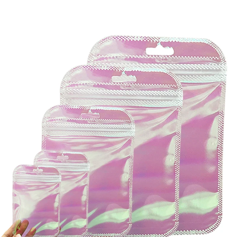 50pcs Pink Holographic Flash Plastic Ziplock Bags Thicken Clear Self-seal Bags for Diy Jewelry Display Beads Crafts Packaging