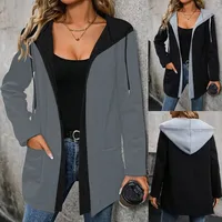 Plus-size European and American cross-border autumn and winter new women's casual fashion color-blocking zip-up hoodie